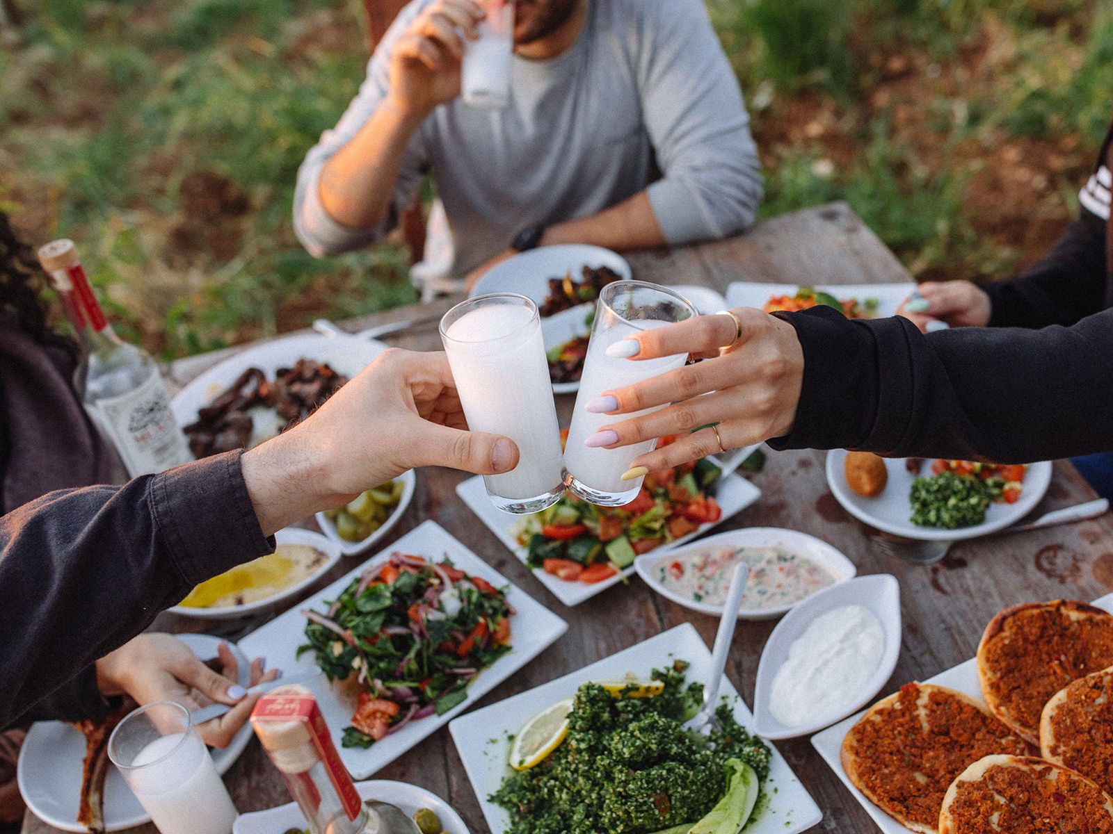 Friends toasting with arak over a mezze spread